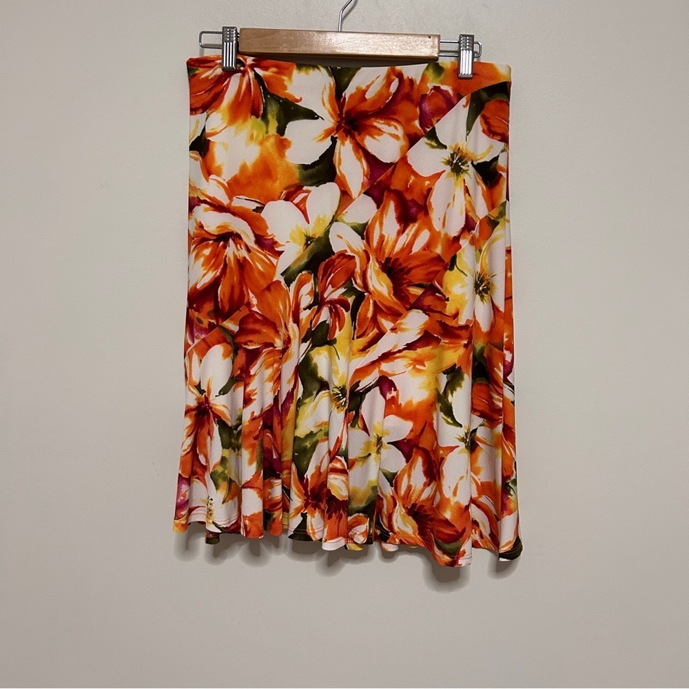 Vintage Cache Women’s Medium Floral Orange Skirt Flared Knee Length Artsy Office